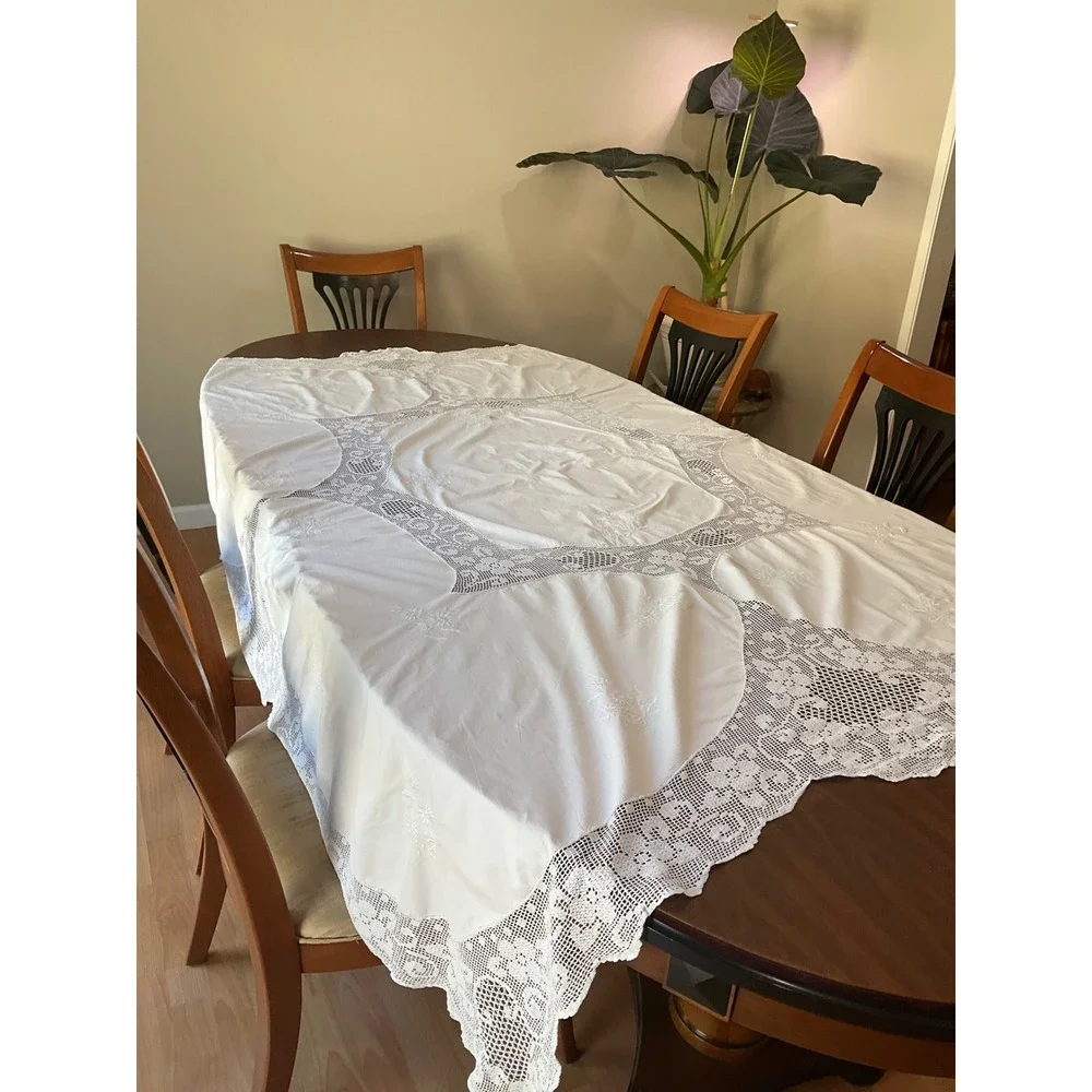 Vintage Tablecloth White Crochet Lace Scalloped Edges Cottagecore Grandma Core